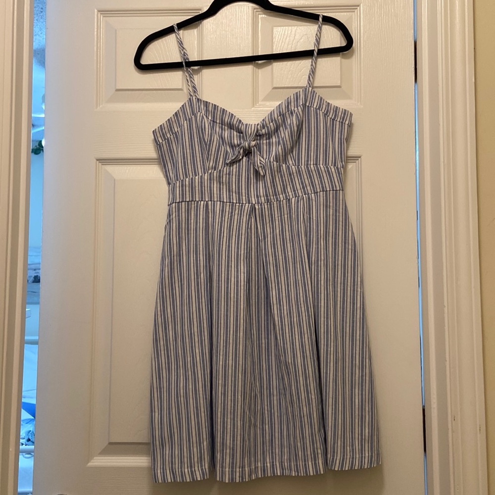 Gently used blue and white stripe spring dress with tie front